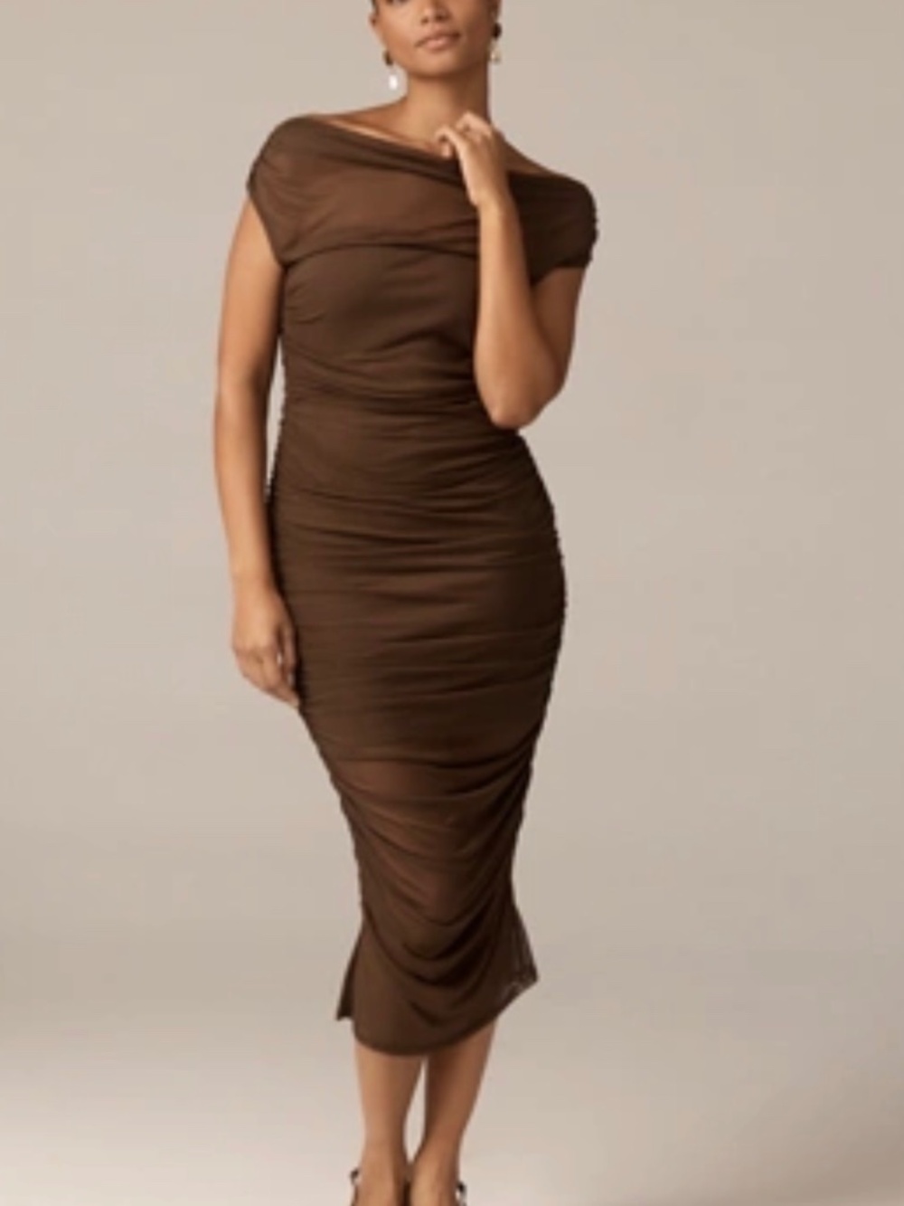 ANTHROPOLOGIE OFF-SHOULDER MESH SLIM MIDI DRESS